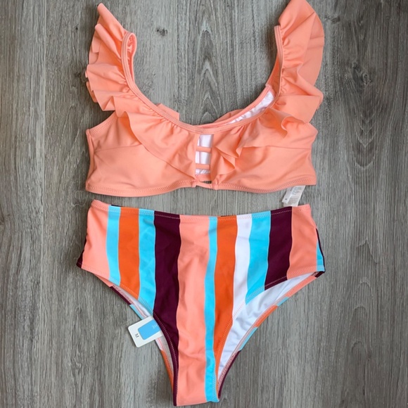 Cupshe Pink and Striped Ruffle High Waisted Bikini - Picture 2 of 2